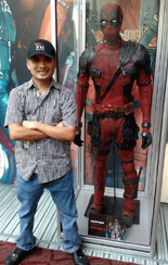 Posing with the DEADPOOL costume at ArcLight Cinemas in Hollywood.