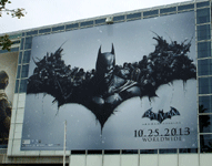 A large banner promoting the video game BATMAN: ARKHAM ORIGINS at E3 2013 in downtown Los Angeles...on June 11, 2013