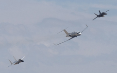 Three NASA aircraft - an F-15 Eagle, a Gulfstream III aircraft and an F/A-18D Hornet - conduct an aerial demo during the Aerospace Valley Air Show at Edwards Air Force Base, California...on October 15, 2022.