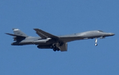 A B-1B Lancer bomber is about to land after conducting an aerial demo during the Aerospace Valley Air Show at Edwards Air Force Base, California...on October 15, 2022.