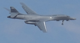 The B-1B Lancer bomber is about to land after conducting an aerial demo during the Aerospace Valley Air Show at Edwards Air Force Base, California...on October 15, 2022.