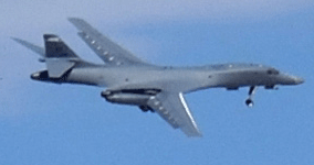 The B-1B Lancer bomber is about to land after conducting an aerial demo during the Aerospace Valley Air Show at Edwards Air Force Base, California...on October 15, 2022.