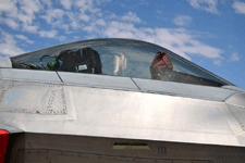 A close-up of the F-22 Raptor's cockpit and canopy glass during the Aerospace Valley Air Show at Edwards Air Force Base, California...on October 15, 2022.