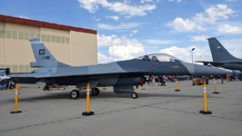 An F-16 Fighting Falcon on display during the Aerospace Valley Air Show at Edwards Air Force Base, California...on October 15, 2022.