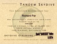 My Skydive Elsinore certificate.