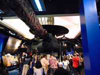 A life-size replica of the Galileo spacecraft inside the JPL museum.