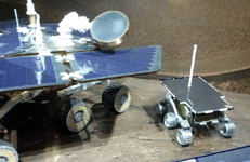 Full-size replicas of the Mars Exploration Rover and Sojourner rover on display inside JPL's museum...on June 9, 2018.
