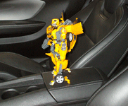 A Bumblebee figure inside the Camaro used for Bumblebee in TRANSFORMERS.