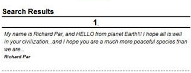 A screencapture of my message on the HELLO FROM EARTH website