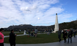 A snapshot of the Hollywood Sign and Griffith Observatory's Astronomers Monument...on January 21, 2017.