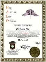 My H.A.L.O. Jumper certificate.