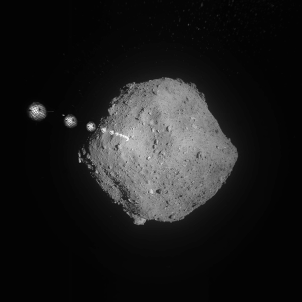 An image overlay showing one of Hayabusa2's target markers slowly falling towards the surface of asteroid Ryugu on September 16, 2019. Four of five markers that launched with Hayabusa2 in late 2014 were released onto Ryugu's surface during Hayabusa2's 16-month stay at the asteroid.