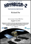 My certificate for the Hayabusa2 mission