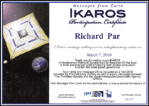 My certificate for JAXA's IKAROS solar sail mission