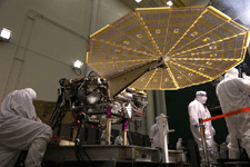 The InSight Mars lander's twin solar arrays are deployed during testing at the Lockheed Martin facility in Denver, Colorado