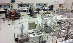 A snapshot of the descent and cruise stages for the Mars 2020 rover inside the SAF at NASA JPL...on May 30, 2018.