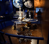 Full-scale replicas of the Mars Exploration Rover and Sojourner rover on display inside the JPL museum...on May 30, 2018.