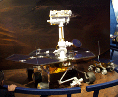 A Mars Exploration Rover mock-up inside the JPL Museum.