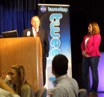 John Casani, who worked on the Voyager, Galileo and Cassini missions, talks to the JPL Tweetup crowd.