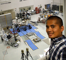 Posing with the Curiosity rover and its descent stage behind me.