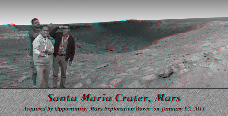 A 3-D image of me and two fellow JPL Tweetup attendees standing on the surface of Mars.