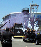 At the Los Angeles Kings' championship parade after they won the 2014 Stanley Cup final.