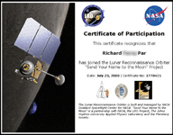 My certificate for the LRO mission