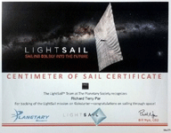 My certificate for the LightSail 2 mission