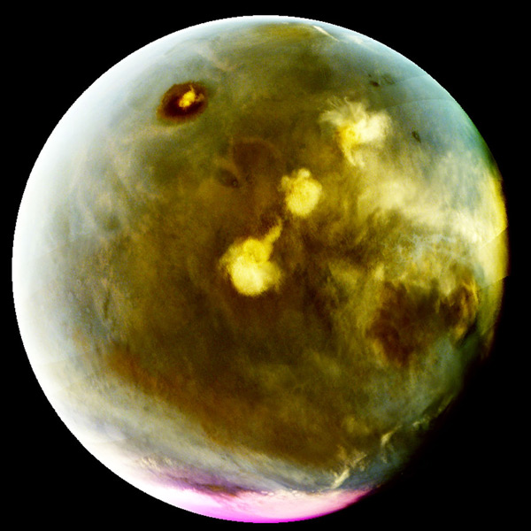 An ultraviolet image of Mars that was taken by NASA's MAVEN (Mars Atmosphere and Volatile Evolution) spacecraft on July 9-10, 2016