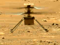 As seen by the Perseverance rover on April 22, 2021, the Ingenuity helicopter hovers during its second flight on Mars