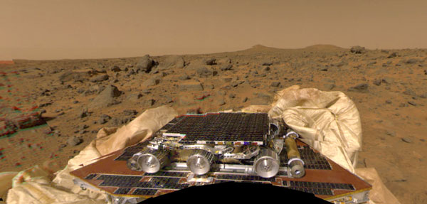 An image of the Sojourner rover on the Martian surface...taken by the Pathfinder lander on July 4, 1997