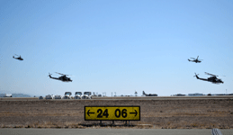 The UH-1Y Venom and AH-1 Cobra helicopters take part in the MAGTF demo at the Miramar Air Show...on September 29, 2018.