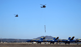 The UH-1Y Venom helicopters perform a soldier-extraction technique during the MAGTF demo at the Miramar Air Show...on September 29, 2018.