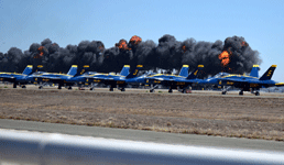 A giant explosion erupts behind the Blue Angels during the MAGTF demo at MCAS Miramar...on September 29, 2018.