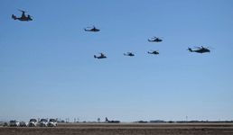 The V-22 Ospreys, UH-1Y Venoms, AH-1 Cobras and CH-53 Sea Stallion fly above MCAS Miramar...on September 29, 2018.
