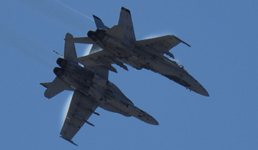 A close-up of the two F/A-18 Hornets zooming through the air above MCAS Miramar...on September 29, 2018.