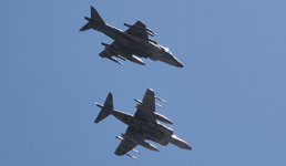 A close-up of the two AV-8B Harriers zooming through the air above MCAS Miramar...on September 29, 2018.