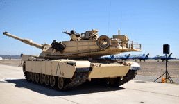 An M1A1 Abrams tank rolls by on the MCAS Miramar tarmac at the conclusion of the MAGTF demo...on September 29, 2018.