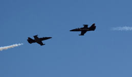 Two L-39 Albatros aircraft that are part of the Patriots Jet Team perform a demo at the Miramar Air Show...on September 29, 2018.