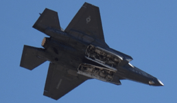 The F-35B Lightning II shows off its two main weapons bays during the demo above MCAS Miramar...on September 29, 2018.