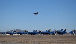 The F-35B Lightning II hovers above the Blue Angels at MCAS Miramar...on September 29, 2018.
