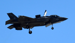 A close-up of the F-35B Lightning II as it hovers in the air...on September 29, 2018.