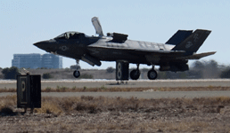 The F-35B Lightning II is about to fully touch down on the runway at MCAS Miramar...on September 29, 2018.