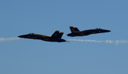 The two other Blue Angels perform an acrobatic manuever during their demo at the Miramar Air Show...on September 29, 2018.