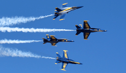 The four other Blue Angels perform another acrobatic manuever during their demo at the Miramar Air Show...on September 29, 2018.