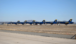 The six Blue Angel pilots prepare to disembark from their aircraft after successfully completing a demo that marked the end of the Miramar Air Show for the day...on September 29, 2018.