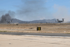 The V-22 Ospreys are about to touch down on the airfield during the MAGTF demo at the Miramar Air Show in San Diego, California...on September 24, 2022.