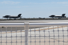 The two F-35B Lightning IIs stroll down the taxiway at the end of the Miramar Air Show's MAGTF demo...on September 24, 2022.