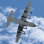 A C-130 Hercules flies overhead at the end of the Miramar Air Show's MAGTF demo...on September 24, 2022.