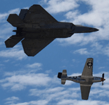 The F-22 Raptor and P-51 Mustang fly in unison during a U.S. Air Force Heritage Flight demo at the Miramar Air Show...on September 24, 2022.